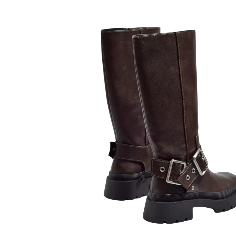 Bottes Plates Montantes Avec Boucles Rétro Et Semelle Épaisse Black Friday Deal Knee- High Boots women Electro Paris