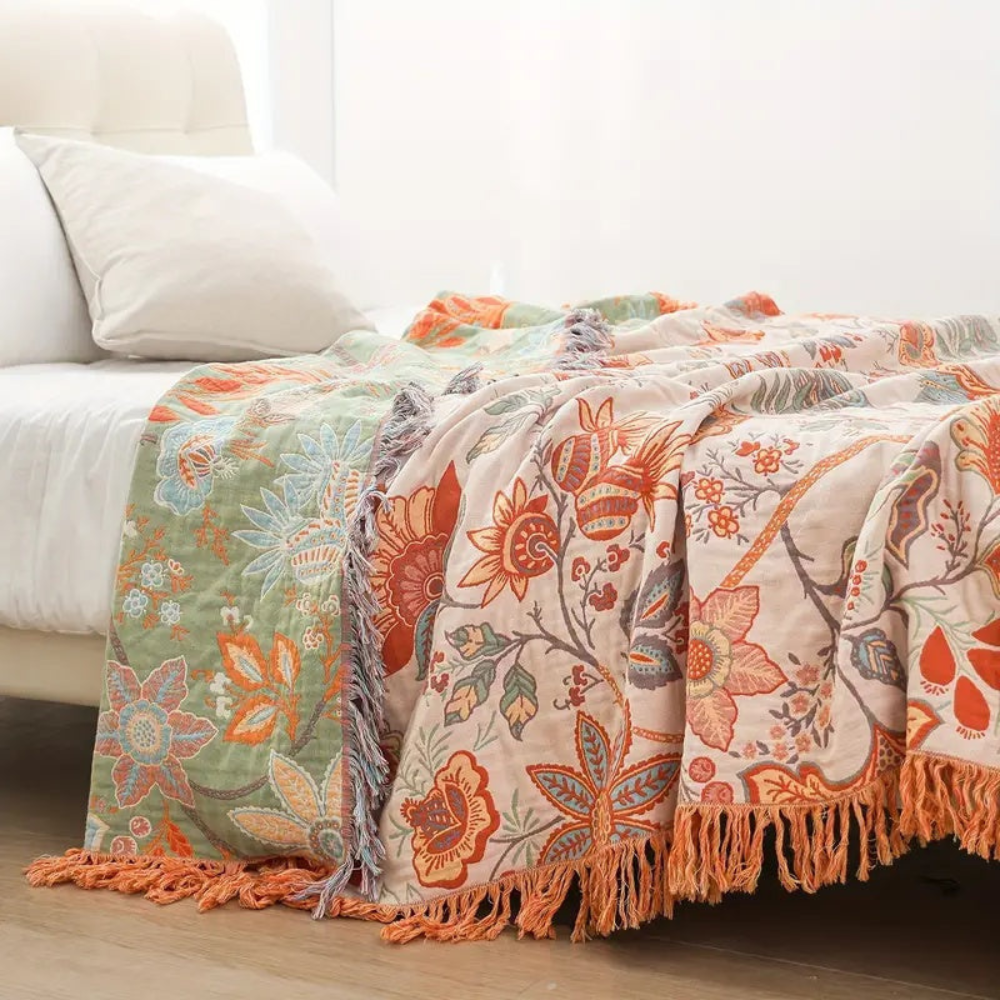 Couverture Bohème en Coton – Motif Floral avec Franges pour Salon ou Chambre Blankets Electro Paris