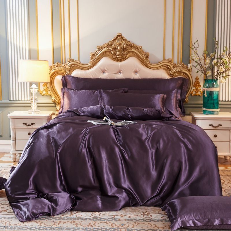 Parure de Lit 4 Pièces en Satin de Soie avec Housse de Couette et Drap-housse pour un Sommeil de Luxe Linge de lit Electro Paris Violet Housse de matelas 150cm + Couette 200x 230cm + 2x taie d'oreiller