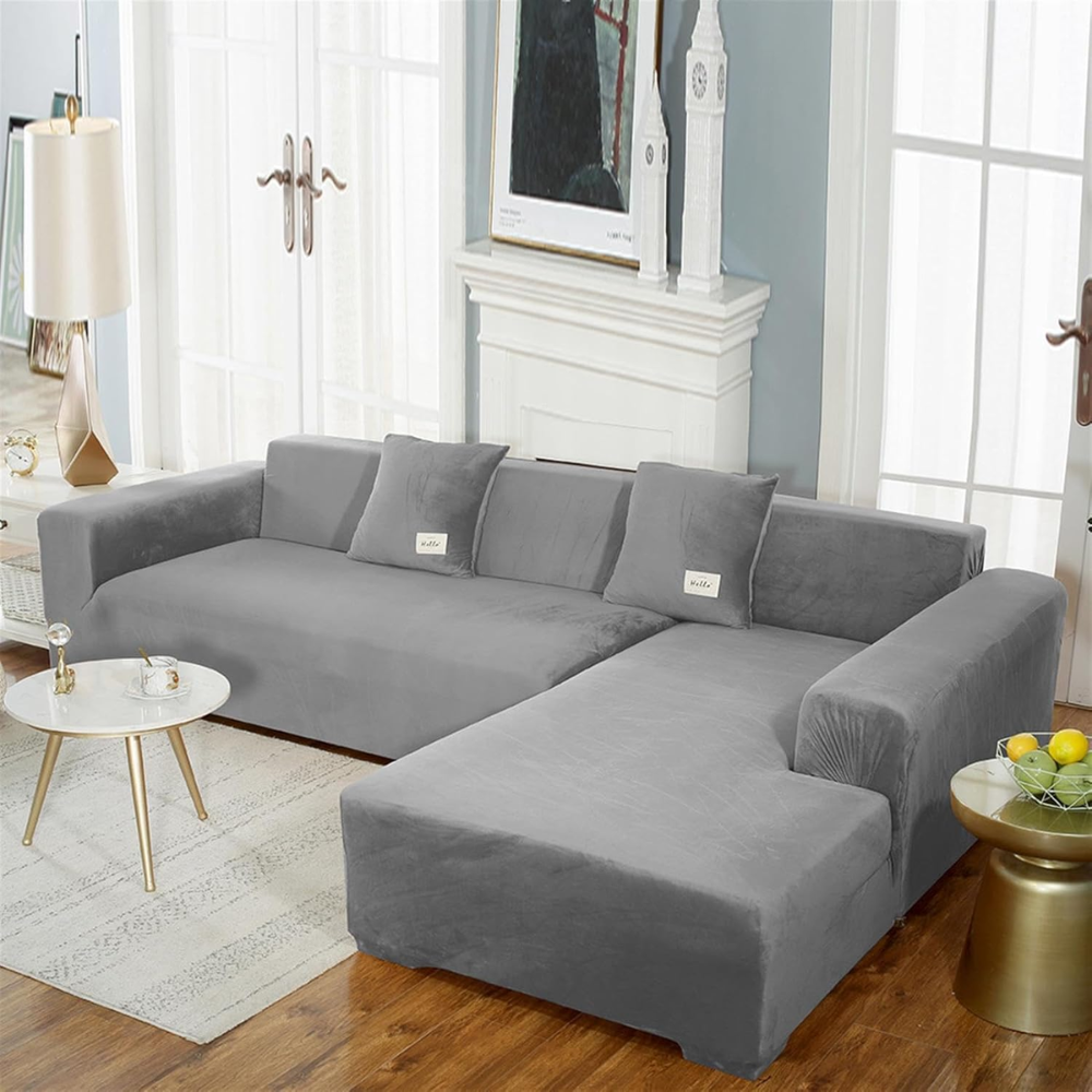 Housse de Canapé d'Angle en Velours Extensible – Housse Moelleuse pour Meubles de Salon Housses de canapé Electro Paris Gris foncé 1 PLACE (90-140 cm)