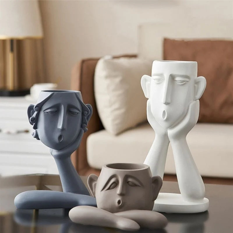 Sculpture Décorative Moderne Pour Salon Avec Trois Vases En Forme De Visage Pour Une Ambiance Artistique Et Contemporaine Sculpture Electro Paris Ensemble complet| 11cm + 20cm + 25cm
