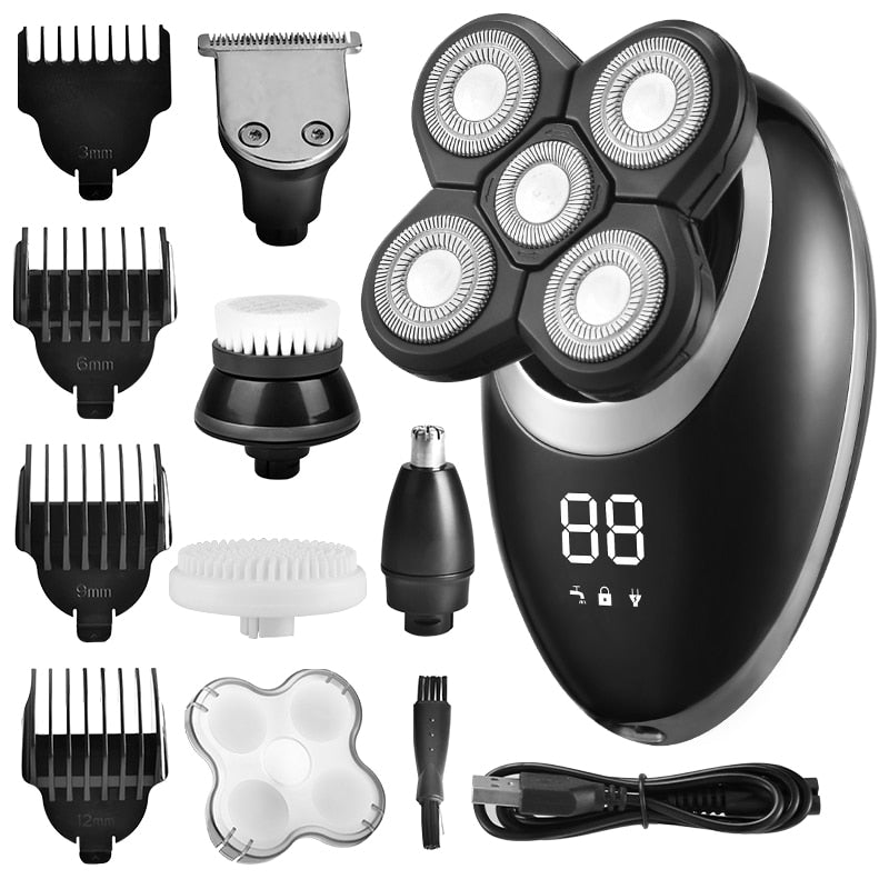 Rasoir Électrique – Tondeuse Sans Fil Étanche pour Hommes avec 5 Têtes Rotatives Outils de toilettage pour hommes Electro Paris Rasoir Argent + accessoires supplémentaires