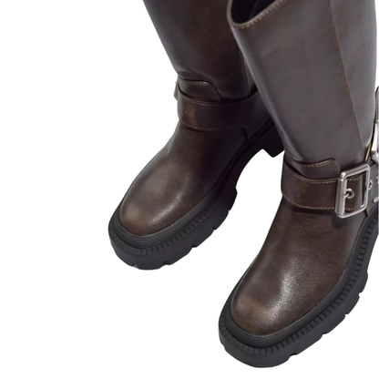 Bottes Plates Montantes Avec Boucles Rétro Et Semelle Épaisse Black Friday Deal Knee- High Boots women Electro Paris