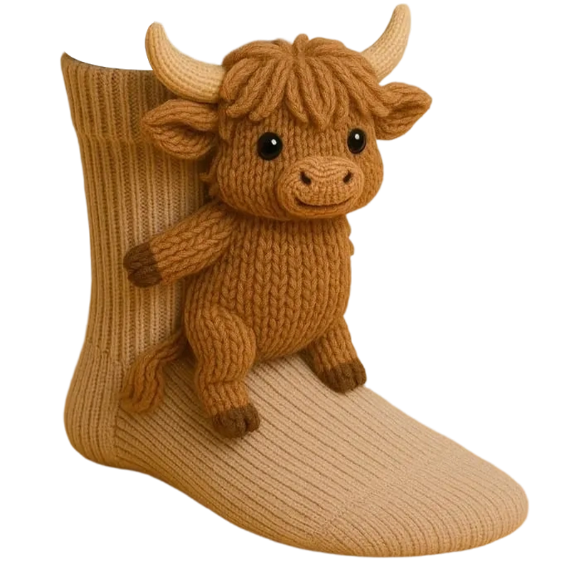 Chaussettes Câlin d’Animaux au Crochet – Motifs Animaliers 3D Ludiques avec Chaleur Douillette d’Hiver Socks Electro Paris Vache des Highlands Taille unique