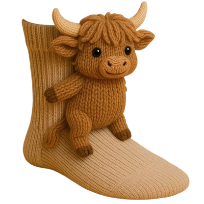 Chaussettes Câlin d’Animaux au Crochet – Motifs Animaliers 3D Ludiques avec Chaleur Douillette d’Hiver Socks Electro Paris Vache des Highlands Taille unique