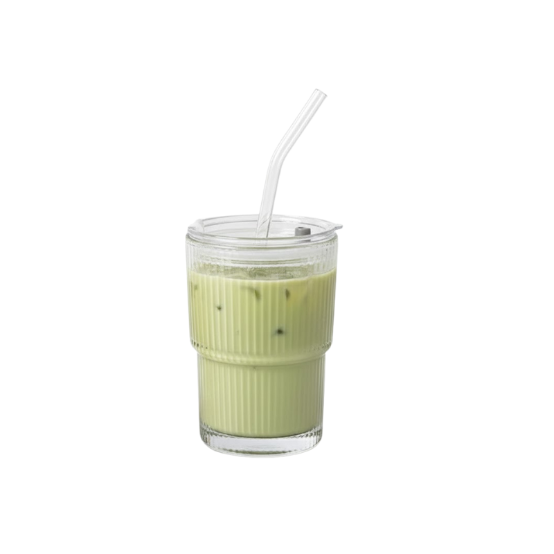 Gobelet À Emporter En Verre Côtelé Résistant À La Chaleur Avec Couvercle Et Paille tumbler Electro Paris Grande