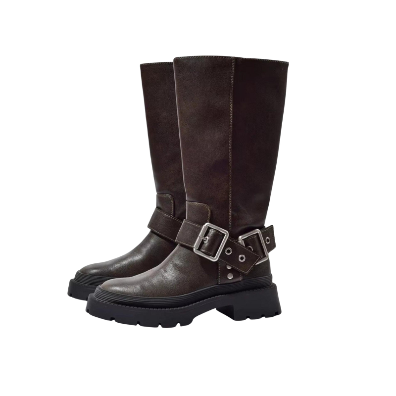 Bottes Plates Montantes Avec Boucles Rétro Et Semelle Épaisse Black Friday Deal Knee- High Boots women Electro Paris