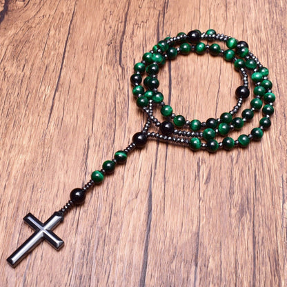 Collier Croix Et Perles En Œil De Tigre Et Lapis Lazuli Pour Homme Avec Signification Spirituelle Jewelry Electro Paris