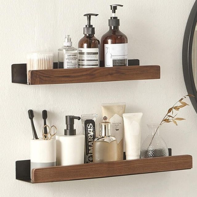 Étagère De Salle De Bain Auto-Adhésive En Bois Massif Rangement Élégant Et Naturel Sans Perçage Black Friday Deal shelves Electro Paris