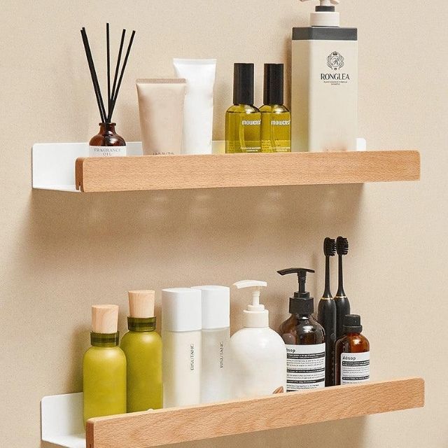 Étagère De Salle De Bain Auto-Adhésive En Bois Massif Rangement Élégant Et Naturel Sans Perçage Black Friday Deal shelves Electro Paris