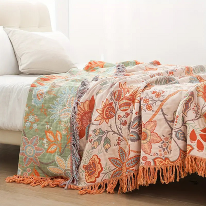 Couverture Bohème en Coton – Motif Floral avec Franges pour Salon ou Chambre Blankets Electro Paris