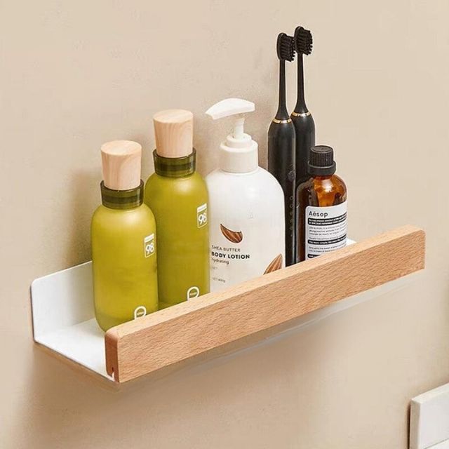Étagère De Salle De Bain Auto-Adhésive En Bois Massif Rangement Élégant Et Naturel Sans Perçage Black Friday Deal shelves Electro Paris Marron clair S (20cm)