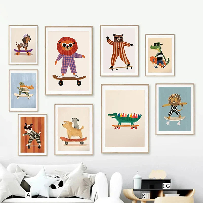 Art Mural pour Chambre d'Enfant avec Animaux Skateurs – Affiche Colorée pour Décor de Garderie Art mural Electro Paris