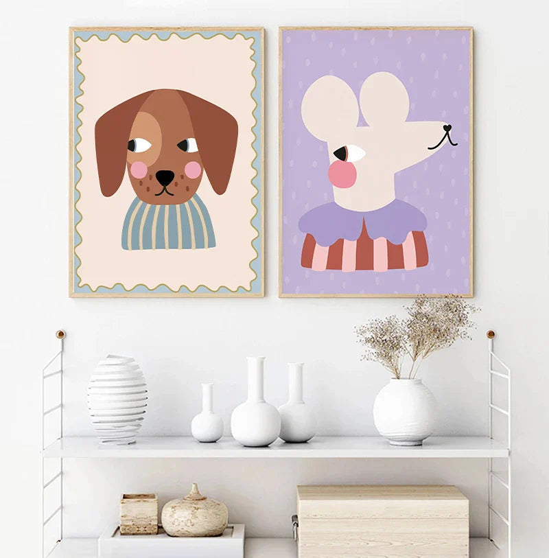 Art Mural pour Chambre de Bébé avec Animaux Colorés – Illustrations Ludiques pour Décor d'Enfant Affiches d'art Electro Paris