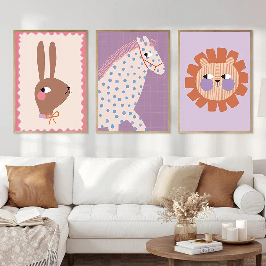 Art Mural pour Chambre de Bébé avec Animaux Colorés – Illustrations Ludiques pour Décor d'Enfant Affiches d'art Electro Paris