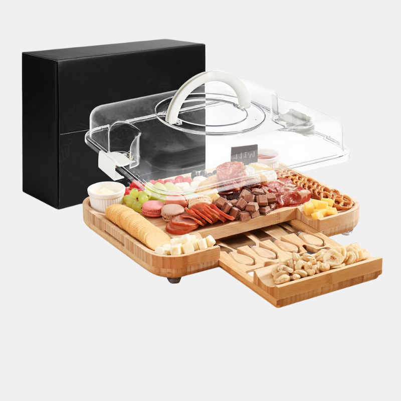 Boîte de rangement en bambou avec couvercle transparent Plateaux de fromage et couteaux Electro Paris Marron
