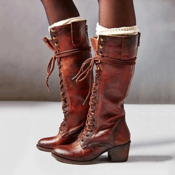 Bottes Montantes à Lacets pour Femmes – Talon Bloc Élégant Electro Paris Marron Rouge 35