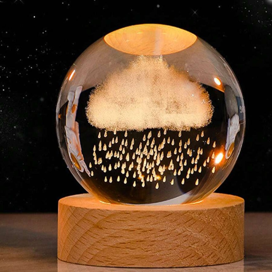 Veilleuse Boule de Cristal Gravée 3D avec Socle LED en Bois pour Décoration Élégante Lumières de nuit Electro Paris