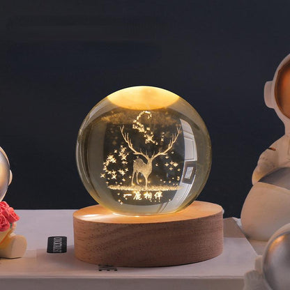 Veilleuse Boule de Cristal Gravée 3D avec Socle LED en Bois pour Décoration Élégante Lumières de nuit Electro Paris Renne