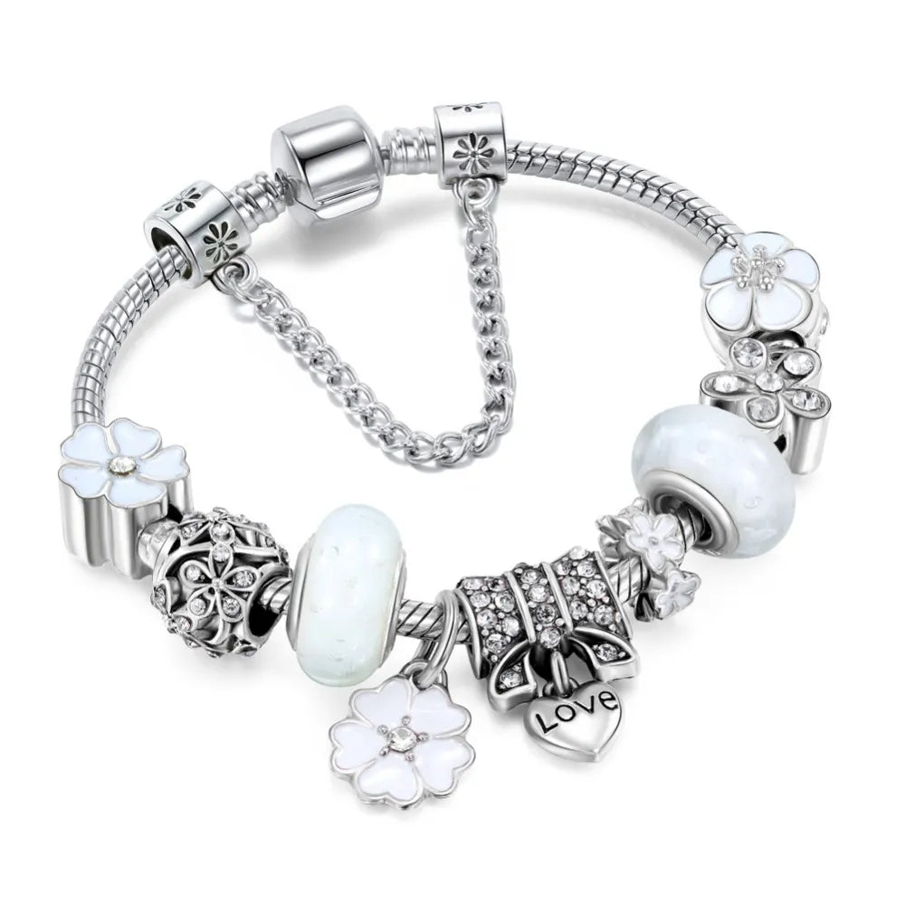 Bracelet à Breloques Floral en Argent Sterling – Bijou Élégant Fleur de Cerisier pour Femme Bracelets Electro Paris Blanc
