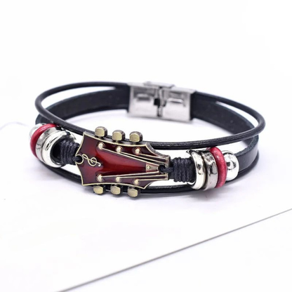 Bracelet Guitare en Cuir Style Rock Electro Paris Rouge