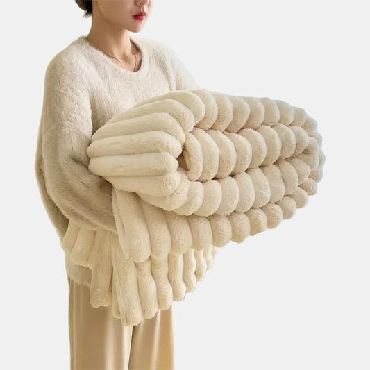 Couverture Polaire en Flanelle à Rayures – Plaid Doux et Moelleux Toutes Saisons Literie Electro Paris Beige 100x150cm