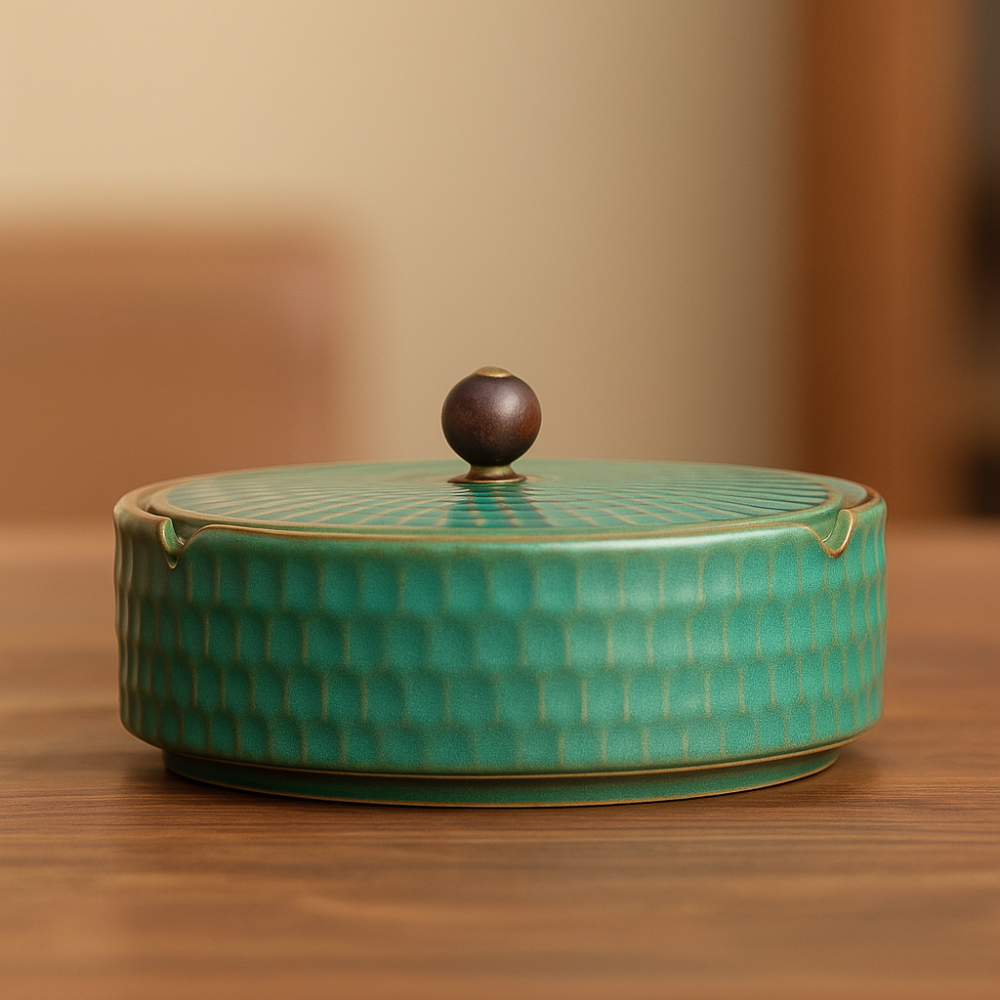 Cendrier en Céramique Artisanale avec Couvercle en Bois – Élément Décoratif et Pratique Cendriers Electro Paris Pétrole