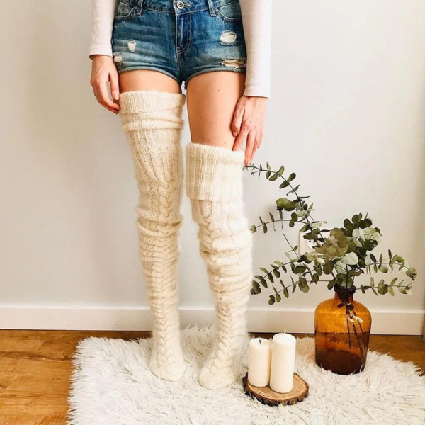 Chaussettes hautes en laine thermiques – Style Windy Spodnie d Electro Paris Beige Length: 75 cm