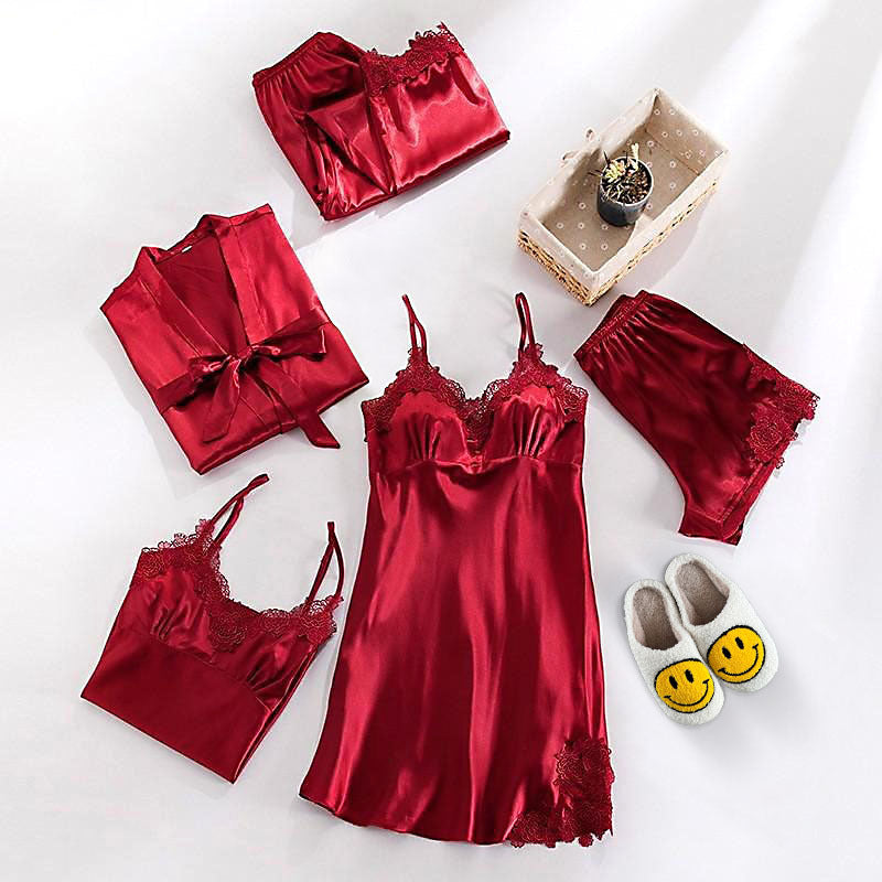 Ensemble De Pyjama Satiné Pour Femmes Avec 5 Pièces Et Chaussons Loungewear Set Electro Paris Rouge XS