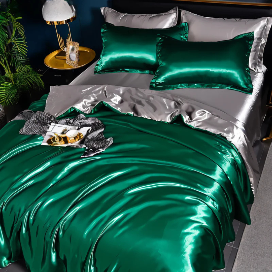 Housse de Couette en Satin de Luxe – Parure de Lit Soyeuse et Respirante Literie Electro Paris Vert avec argent 150 x 200 cm