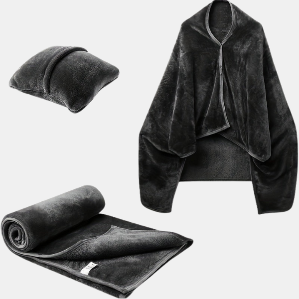 Couverture Nomade Chauffante – Confort Portable avec Housse-Coussin Intégrée Wearable Flannel Shawl Blanket Pillow Electro Paris Noir