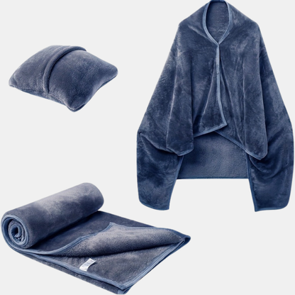 Couverture Nomade Chauffante – Confort Portable avec Housse-Coussin Intégrée Wearable Flannel Shawl Blanket Pillow Electro Paris Bleu marine