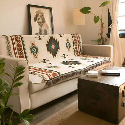 Plaid Tissé Bohème à Pompons – Jeté Géométrique Ethnique pour Canapé et Lit Literie Electro Paris