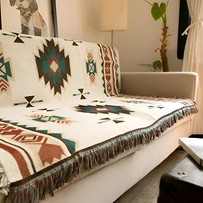 Plaid Tissé Bohème à Pompons – Jeté Géométrique Ethnique pour Canapé et Lit Literie Electro Paris