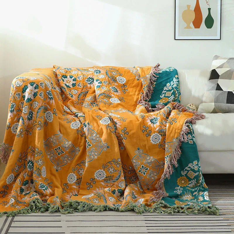 Plaid en Coton Tricoté Bohème à Franges – Jeté de Canapé Jacquard Réversible Linge de lit Electro Paris Jaune 200 cm x 230 cm