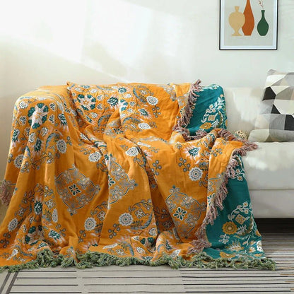 Plaid en Coton Tricoté Bohème à Franges – Jeté de Canapé Jacquard Réversible Linge de lit Electro Paris Jaune 200 cm x 230 cm