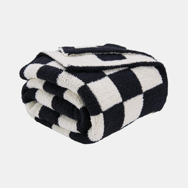 Couverture Tissée à Damier pour Canapé – Plaid à Pompons pour Lit et Sofa Literie Electro Paris Bleu 100x150cm