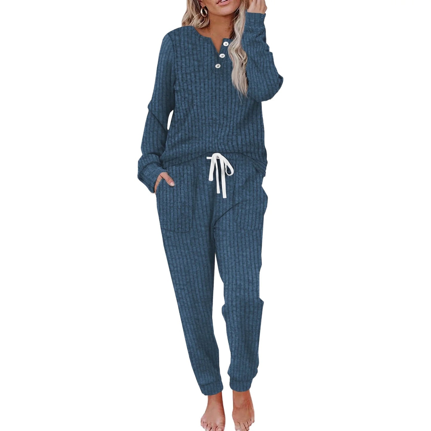 Ensemble De Vêtements D’Intérieur Pour Femme Avec Fermeture À Boutons Loungewear Set Electro Paris Bleu marine S