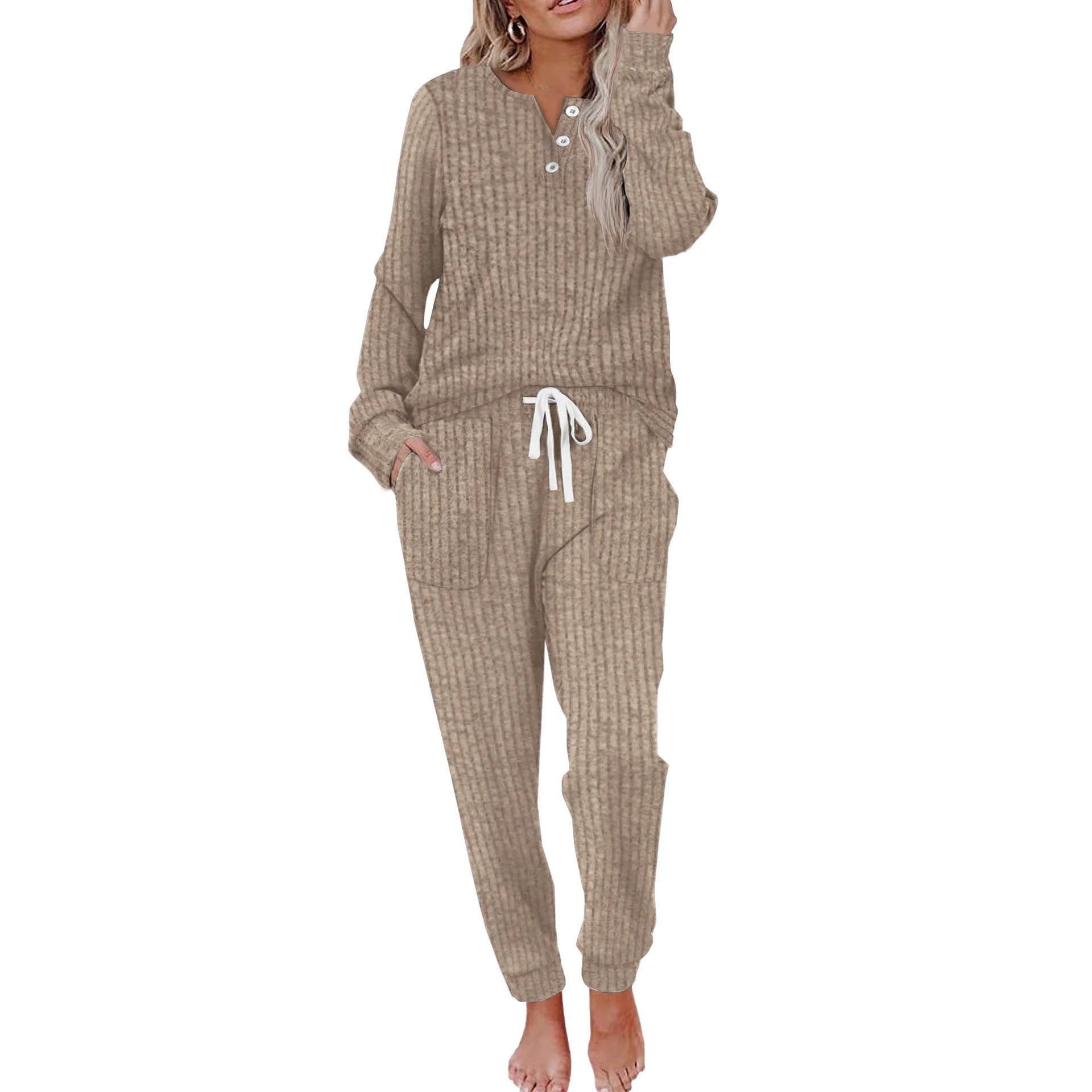 Ensemble De Vêtements D’Intérieur Pour Femme Avec Fermeture À Boutons Loungewear Set Electro Paris Khaki S