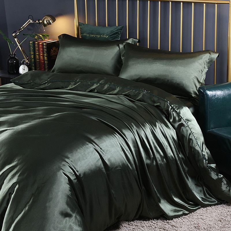 Parure de Lit 4 Pièces en Satin de Soie avec Housse de Couette et Drap-housse pour un Sommeil de Luxe Linge de lit Electro Paris Vert émeraude Housse de matelas 150cm + Couette 200x 230cm + 2x taie d'oreiller