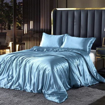 Parure de Lit 4 Pièces en Satin de Soie avec Housse de Couette et Drap-housse pour un Sommeil de Luxe Linge de lit Electro Paris Bleu ciel Housse de matelas 150cm + Couette 200x 230cm + 2x taie d'oreiller