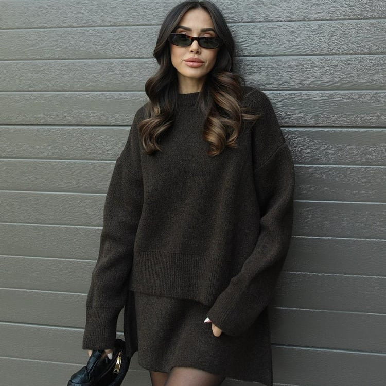 Ensemble en Laine Femme Élégant – Pull Oversize et Jupe Douce pour un Look Automnal Chic Vêtements pour femmes Electro Paris Marron XS