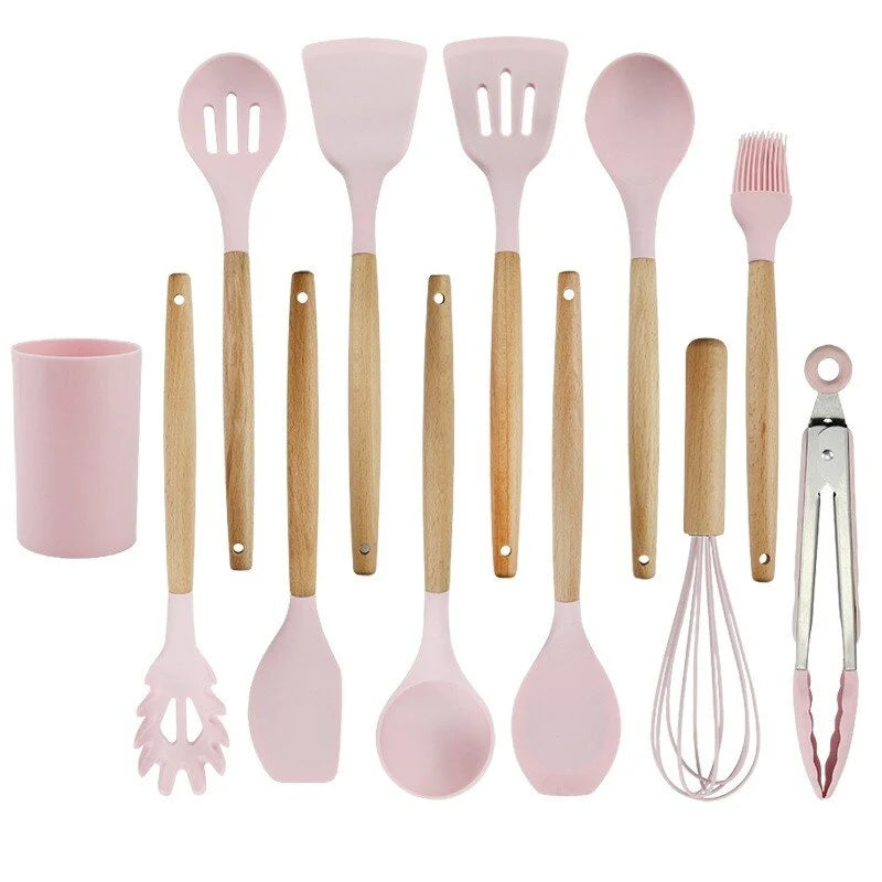 Ensemble d'Ustensiles de Cuisine en Silicone Ergonomiques - Pratique et Résistant Ustensiles de cuisine Electro Paris Kit d'ustensiles avec boîte Rose