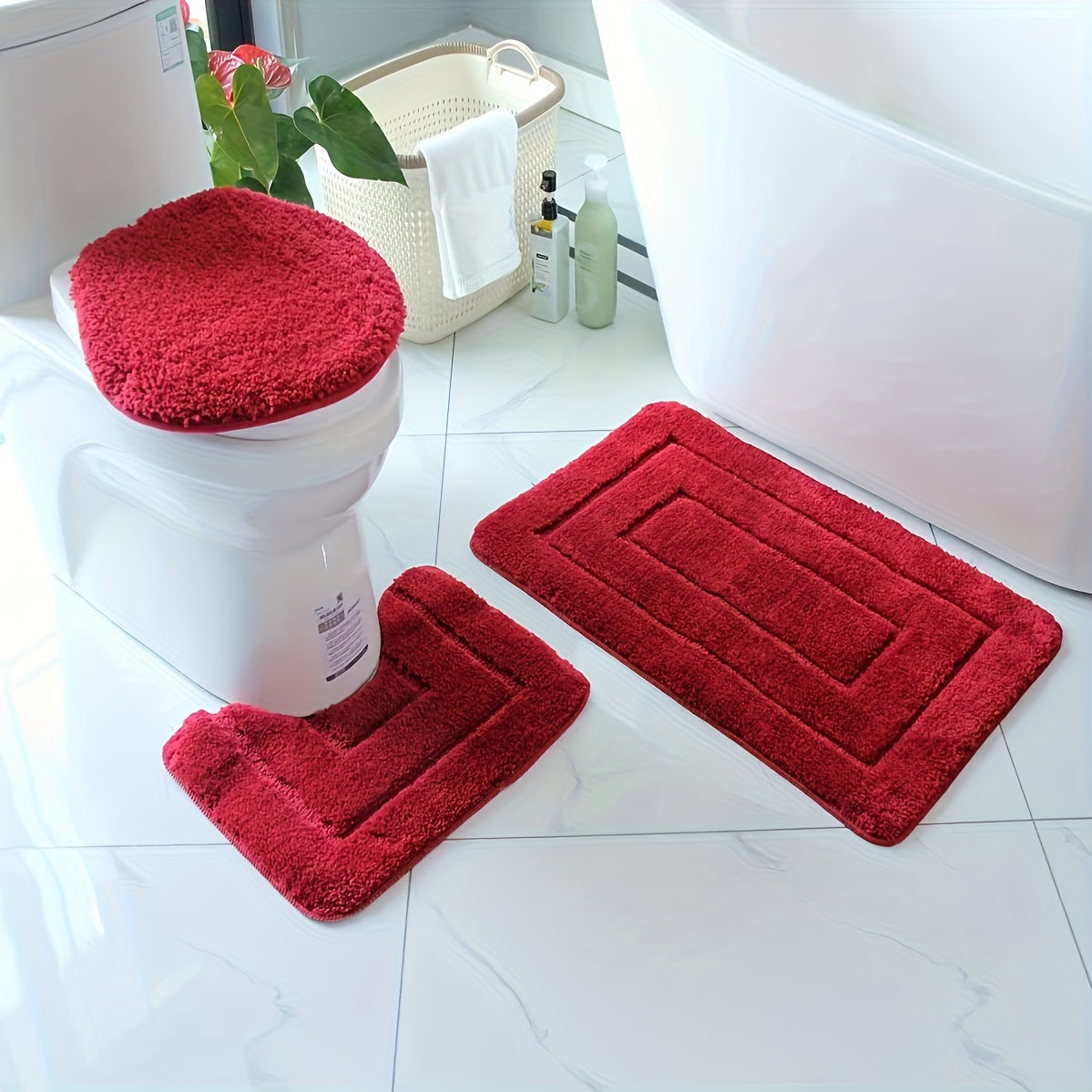 Lot de 3 tapis de bain antidérapants ultra-doux pour une salle de bain sûre et confortable Tapis et paillassons de salle de bain Electro Paris Rouge