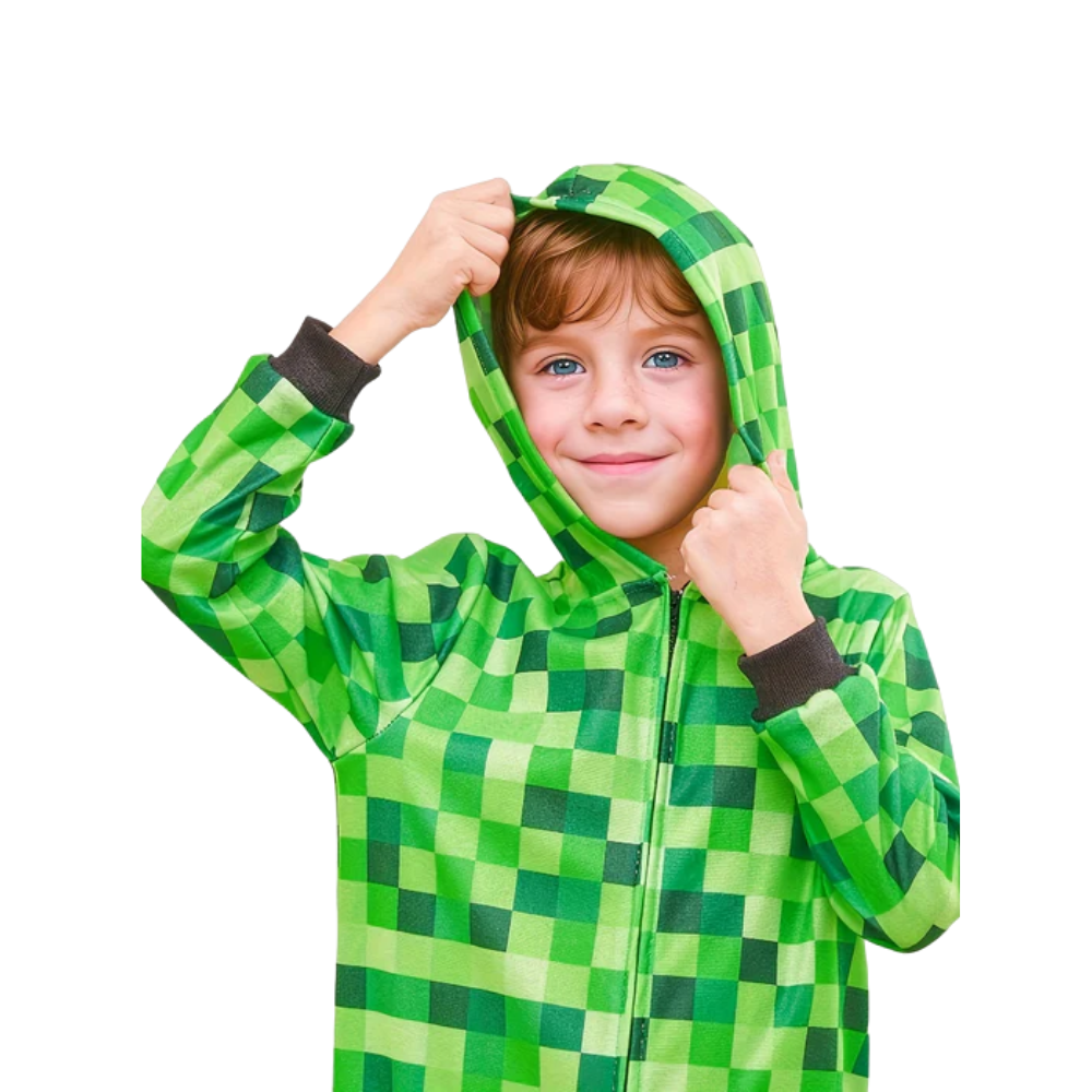 Grenouillère Verte Style Pixelisé pour Enfants – Pyjama Combinaison à Capuche pour Gamers Costumes Electro Paris