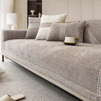 Housse de Canapé Texture Lin pour Salon – Protecteur de Canapé Antidérapant Anti-Rayures Housses de canapé Electro Paris Beige 70 x 70 cm
