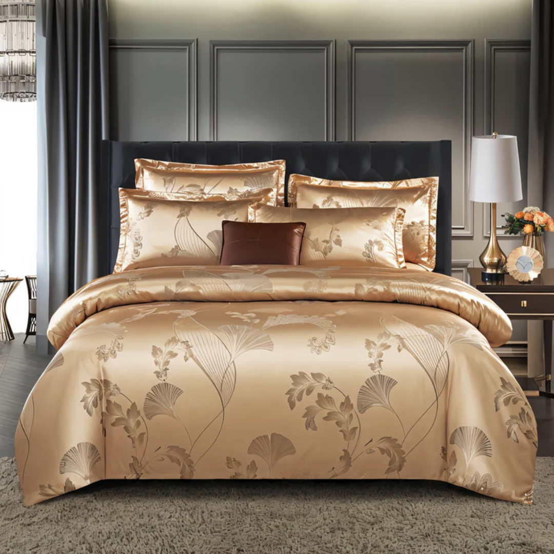 Housse de Couette en Satin avec Imprimé Floral – Parure de Lit Soyeuse pour Chambre Literie Electro Paris Or 180 x 220 cm