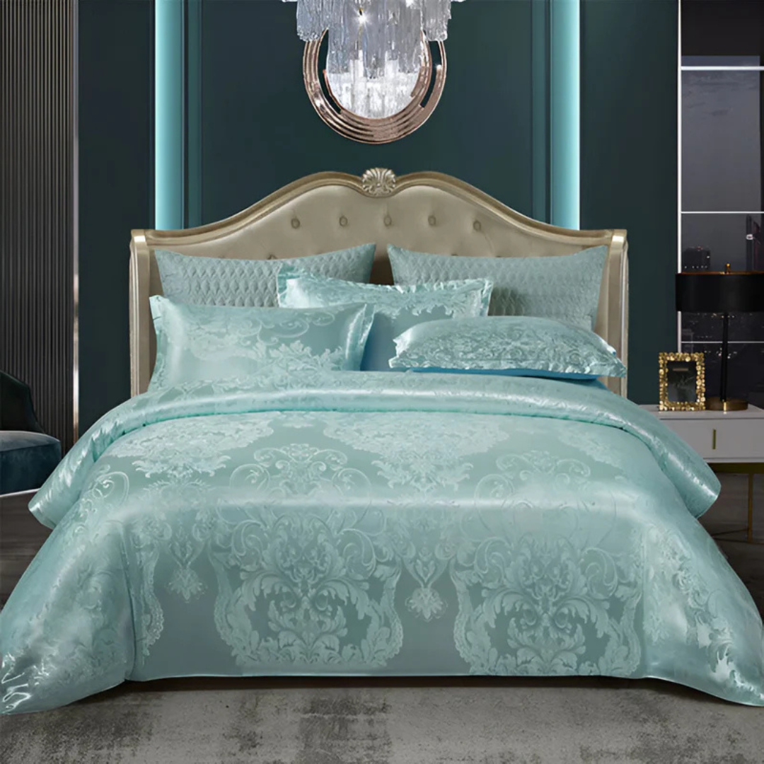 Housse de Couette en Satin avec Imprimé Floral – Parure de Lit Soyeuse pour Chambre Literie Electro Paris Turquoise 150 x 200 cm