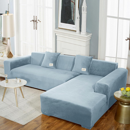 Housse de Canapé d'Angle en Velours Extensible – Housse Moelleuse pour Meubles de Salon Housses de canapé Electro Paris Bleu ciel 1 PLACE (90-140 cm)