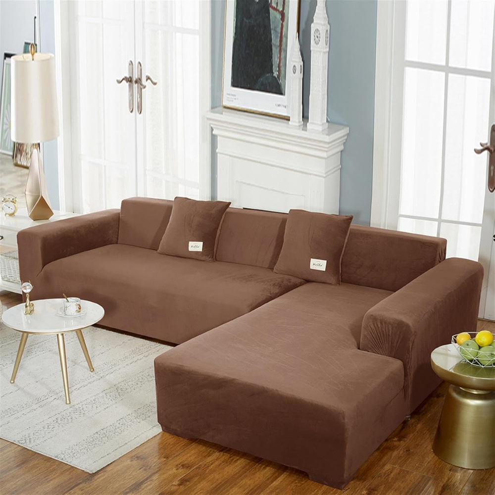 Housse de Canapé d'Angle en Velours Extensible – Housse Moelleuse pour Meubles de Salon Housses de canapé Electro Paris Marron 1 PLACE (90-140 cm)